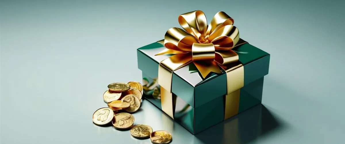 Caja de regalo con monedas y un rodillo de tragamonedas